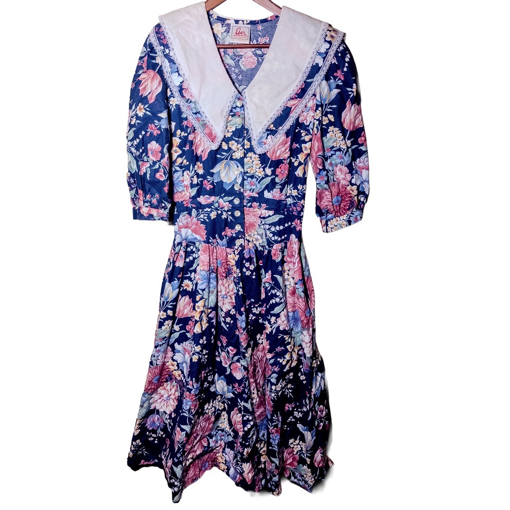 Vintage 100% Cotton Prairie Floral Dress Lace Collar Pockets Womens S